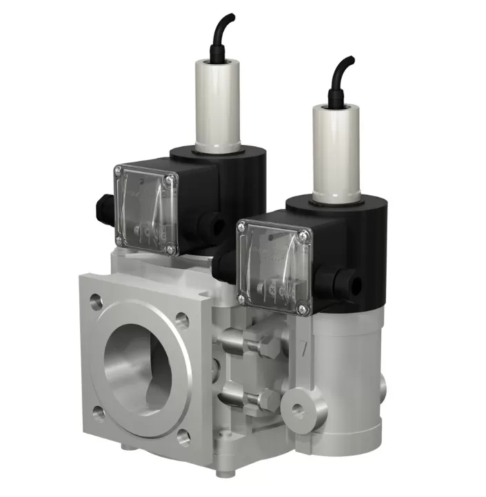 Клапаны электромагнитные трехпозиционные фланцевые, муфтовые DN 40, 50, с двумя регуляторами расхода и датчиками положения (давление до 0,1 МПа и 0,3 МПа)